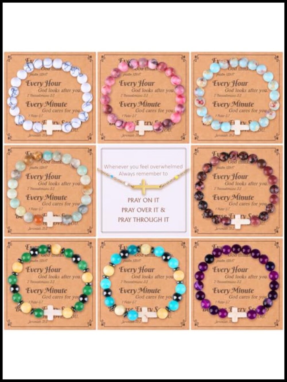 9Pc Cross Bracelet Set for Women Beaded Gemstone 18K Gold Plated Chain